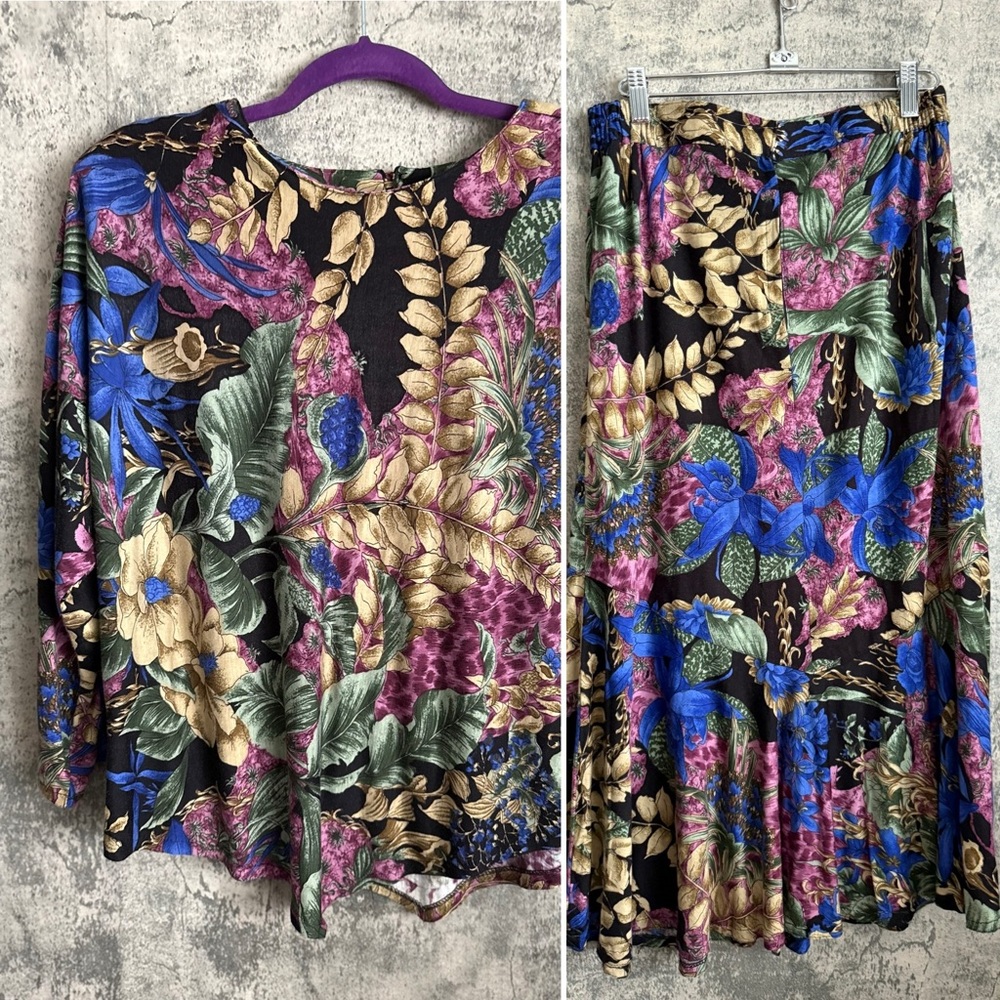 Unique SET Dress with Long Sleeves floral multicolor BLOUSE & SKIRT - Picture 5 of 15